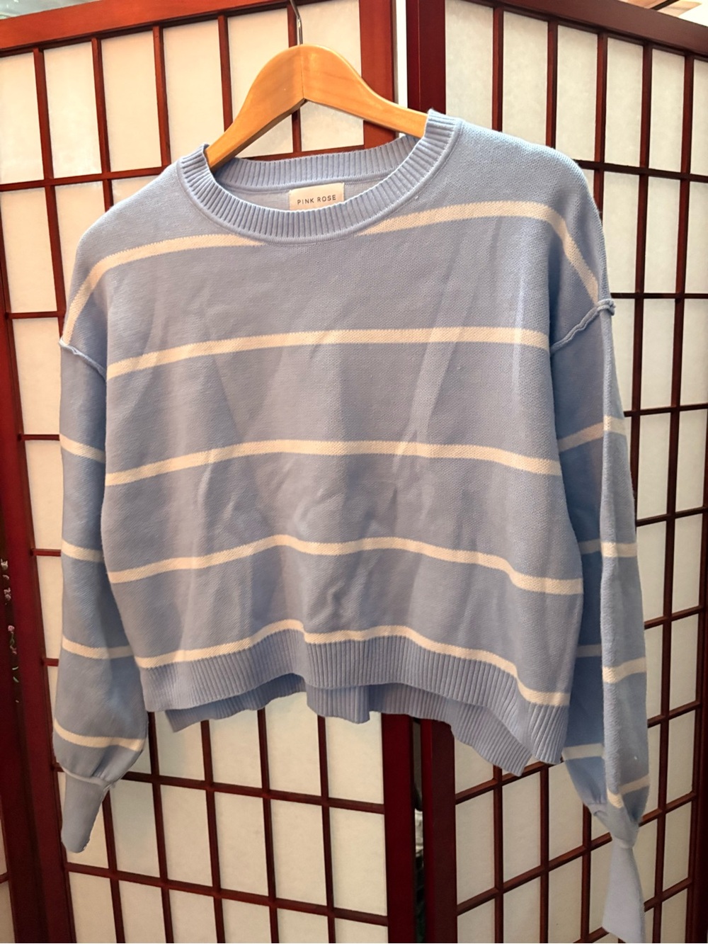 Pink Rose Light Blue and White Striped Crew Neck Sweater